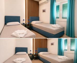 two pictures of a bedroom with two beds with blue curtains at Manda Gradac in Gradac