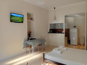 a living room with a bed and a kitchen at Lily's Studios in Nikiana +8 photos