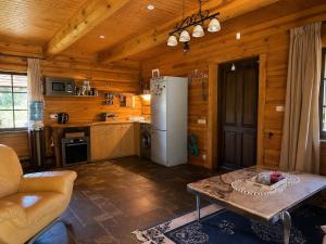 a kitchen with a refrigerator and a table in a room at Kāpas Wood house in Uguņi
