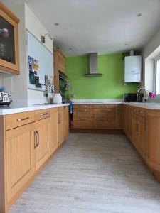 eine große Küche mit Holzschränken und grünen Wänden in der Unterkunft Firefly Studio in Holt