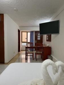 a room with a bed and a table and a tv at Hotel NV in Guadalajara