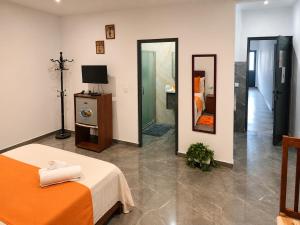 a room with a bed and a television and a mirror at Praia City Apartments in Praia