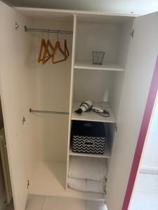 a walk in closet with white walls and white shelves at Chez-Sonia chambre 1 in Rosny-sous-Bois