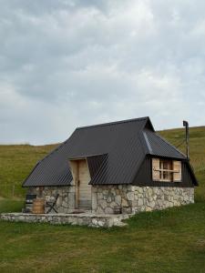 a house with a black roof on a grass field at Etno katun Djedov do in Žabljak +17 photos