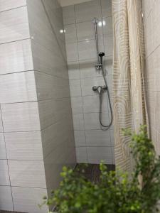 a shower with a shower curtain in a bathroom at Pokoje Tanie Spanie in Zator