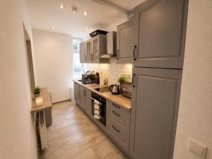 a kitchen with gray cabinets and a counter top at Kurvilla Hotel & Apartment in Landstuhl +17 photos