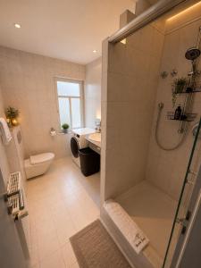 a bathroom with a shower and a toilet and a sink at Kurvilla Hotel & Apartment in Landstuhl
