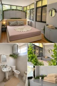two pictures of a bedroom with a bed and a bathroom at La Terrazza in Tirana