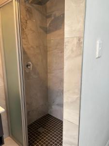 a shower with a glass door in a bathroom at Lungi and Rendzo Guesthouse in Alberton +4 photos