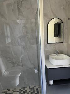 a bathroom with a sink and a shower at Lungi and Rendzo Guesthouse in Alberton