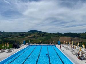a large swimming pool with chairs and a mountain at Castellato Country House in Pietra de' Giorgi