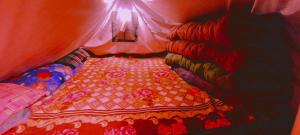 a bed with a quilt on it in a room at Glacier view point kedarnath in Kedārnāth