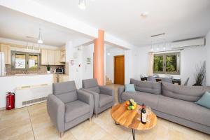 a living room with a couch and chairs and a table at Villa Inna in Mikros Gialos