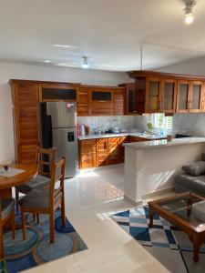 a kitchen with wooden cabinets and a table and chairs at top apartments in Santo Domingo