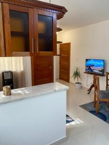 a kitchen with a counter and a tv in a room at top apartments in Santo Domingo