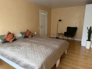 a bedroom with a bed and a chair and a table at Sunny Apartment in Otaci