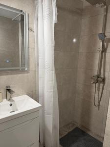 a bathroom with a shower curtain and a sink at Sunny Apartment in Otaci