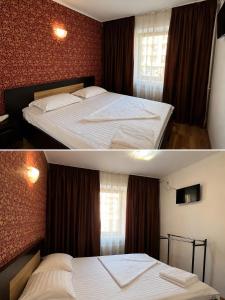 two pictures of a bedroom with two beds in it at Tropicana in Mamaia