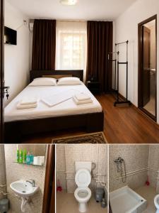 two pictures of a bedroom with a bed and a bathroom at Tropicana in Mamaia