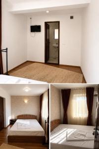 two pictures of a bedroom with a bed and a bathroom at Tropicana in Mamaia