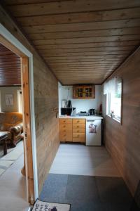 a kitchen with wooden walls and a kitchen with a stove at Lille Ro in Giskemo