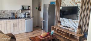 a kitchen with a refrigerator and a tv on a wall at Elim Rest Place in Fisherhaven