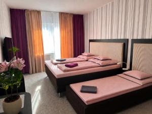 a bedroom with two beds with pink pillows at Privat Air - Pavcina Lehota in Liptovský Mikuláš