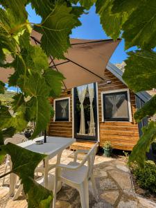 a cabin with a table and chairs and an umbrella at Koman Twin Cabins in Gushtë
