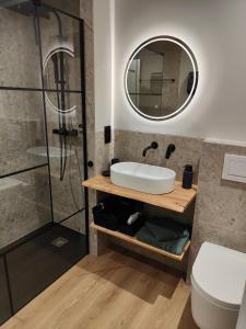 a bathroom with a sink and a shower at La Brise des Fagnes in Jalhay