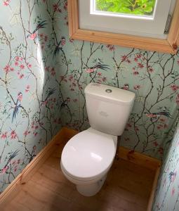 a bathroom with a toilet with bird wallpaper at Meadow Hut in Oughterard