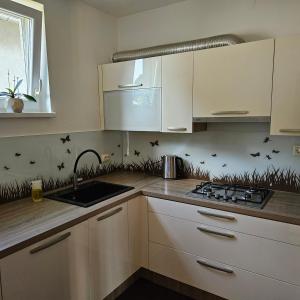 a kitchen with white cabinets and black stars on the wall at Apartment & Rooms Majetic-Draskovic in Bizovac