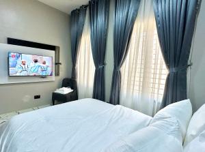 ein Schlafzimmer mit einem Bett mit blauen Vorhängen und einem Fernseher in der Unterkunft Opic Shortlets in Agege