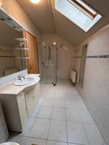 a bathroom with a sink and a shower at Big 3-bedroom flat with new kitchen in Brienz