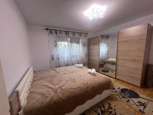 a bedroom with a large bed and a chandelier at Casa Angela in Râu de Mori