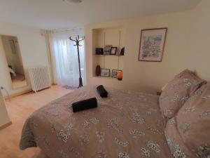 a bedroom with a bed with a brown comforter at Meublé des Capucins - Cocon & Terrasse Privée in Plombières-les-Bains