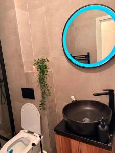 a bathroom with a sink and a toilet and a mirror at Salt Square Residence in Tuzla +23 photos