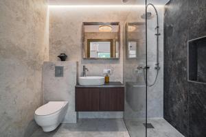 a bathroom with a toilet and a sink and a shower at Domek pod Grabami in Gdańsk +50 photos