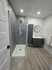 a bathroom with a shower and a sink at Le 2020 Charlevoix in La Malbaie