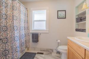 a bathroom with a shower curtain and a toilet at Sleeps 10 Walkable to Everything Pets Game Room in Salida
