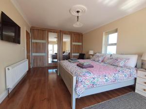 a bedroom with a bed and a television in it at Warm Spacious Three Bed Chalet in Galway +10 photos