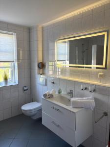 a bathroom with a sink and a toilet and a mirror at Ferienhaus SüdWest in Bosau