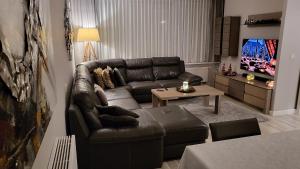 a living room with a leather couch and a tv at Tomorowland Woning in Boom in Boom