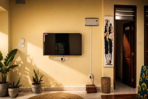 a flat screen tv hanging on a wall at Cozy Quarters in Zanzibar City