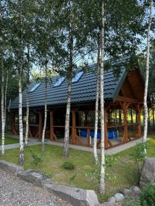 a log cabin with a black roof and some trees at Mazurski lasek in Szwejkowo