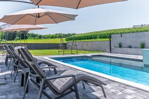 a swimming pool with chairs and umbrellas next to a pool at Villa Novara Holiday Home in Lužan Biškupečki