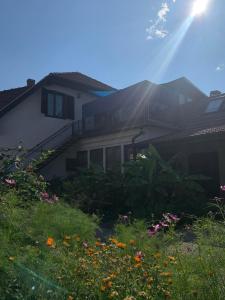 a house with a yard with flowers in front of it at Kék Vándor Vendégház in Rédics