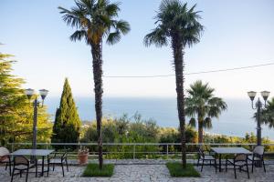 a patio with tables and palm trees and the ocean at Hotel Palasa in Palasë