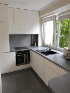 a kitchen with white cabinets and a sink and a window at Town Square Apartment in Panevėžys