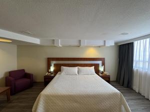 ein Hotelzimmer mit einem Bett und einem Stuhl in der Unterkunft Hotel Finisterre in Mexiko-Stadt + 60 Fotos