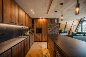 a kitchen with wooden cabinets and a counter top at The Frame Croatia in Ravna Gora